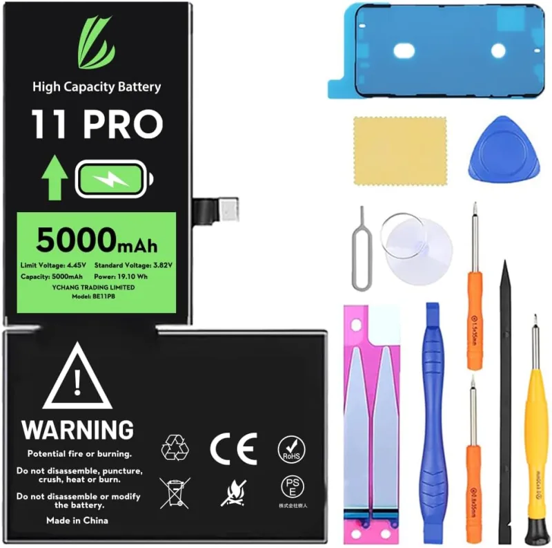 Batterie pour iPhone 11 Pro, 5000mAh avec Kits de Réparation Batterie Haute Capacité Compatible Avec l'iPhone 11 Pro, A2160, A2217, A2215