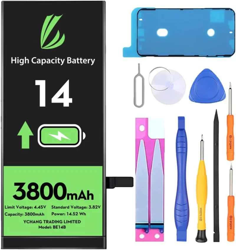 Batterie pour iPhone 14, 3800mAh avec Kits de Réparation Batterie Haute Capacité Compatible Avec l'iPhone 14, A2649, A2881, A2884, A2883, A2882