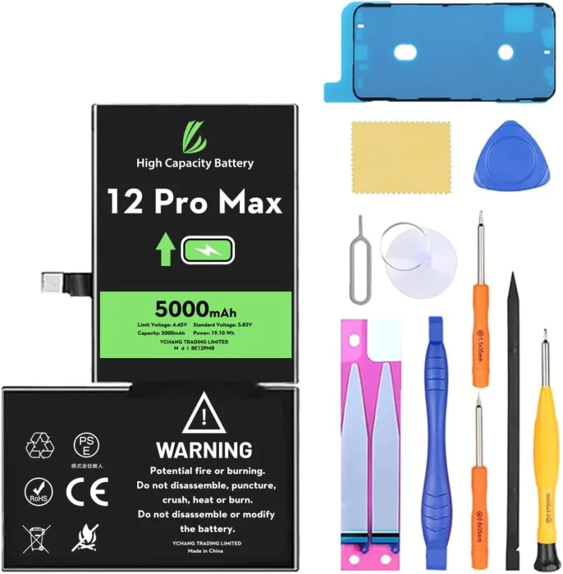 Batterie pour iPhone 12 Pro Max, 5000mAh avec Kits de Réparation Batterie Haute Capacité Compatible Avec iPhone 12 Pro Max, A2342, A2410, A2412, A2411