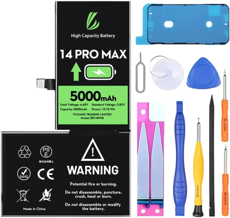 Batterie pour iPhone 14 Pro Max, 5000mAh avec Kits de Réparation Batterie Haute Capacité Compatible avec l'iPhone 14 Pro Max, A2651, A2893, A2896, A2895, A2894