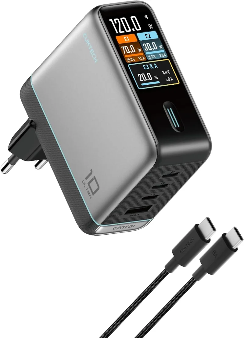 Chargeur Rapide USB-C 120W – 4 Ports avec Affichage de Tension