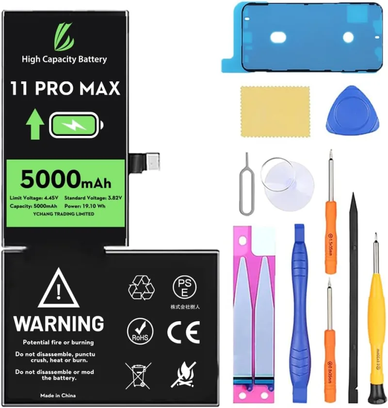 Batterie pour iPhone 11 Pro Max, 5000mAh avec Kits de Réparation Batterie Haute Capacité Compatible Avec l'iPhone 11 Pro Max, A2161, A2220, A2218