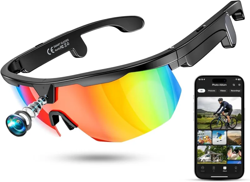 Lunettes Connectées, Caméra 4K HD Anti-Tremblement, Haut-Parleurs Stéréo 3D, Lunettes de Soleil Sport Polarisées UV400, Lunettes Bluetooth IA Outdoor Vidéo Photo Musique (Noir + Couleur)