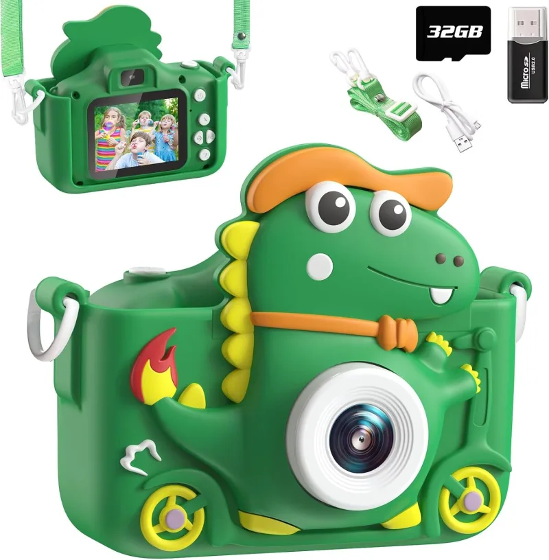 Appareil Photo Enfant Dinosaure, 2" 1080P Appareil Photo Numérique, HD Selfie Apareille Photo 32G, Eouet Enfant Et Cadeau Fille 3 4 5 6 7 8 9 10 11 12 Ans, Bien Jeux pour Enfants