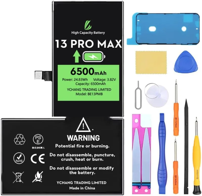 Batterie pour iPhone 13 Pro Max, 6500mAh avec Kits de Réparation Batterie Haute Capacité Compatible Avec iPhone 13 Pro Max, A2484, A2641, A2644, A2645, A2643